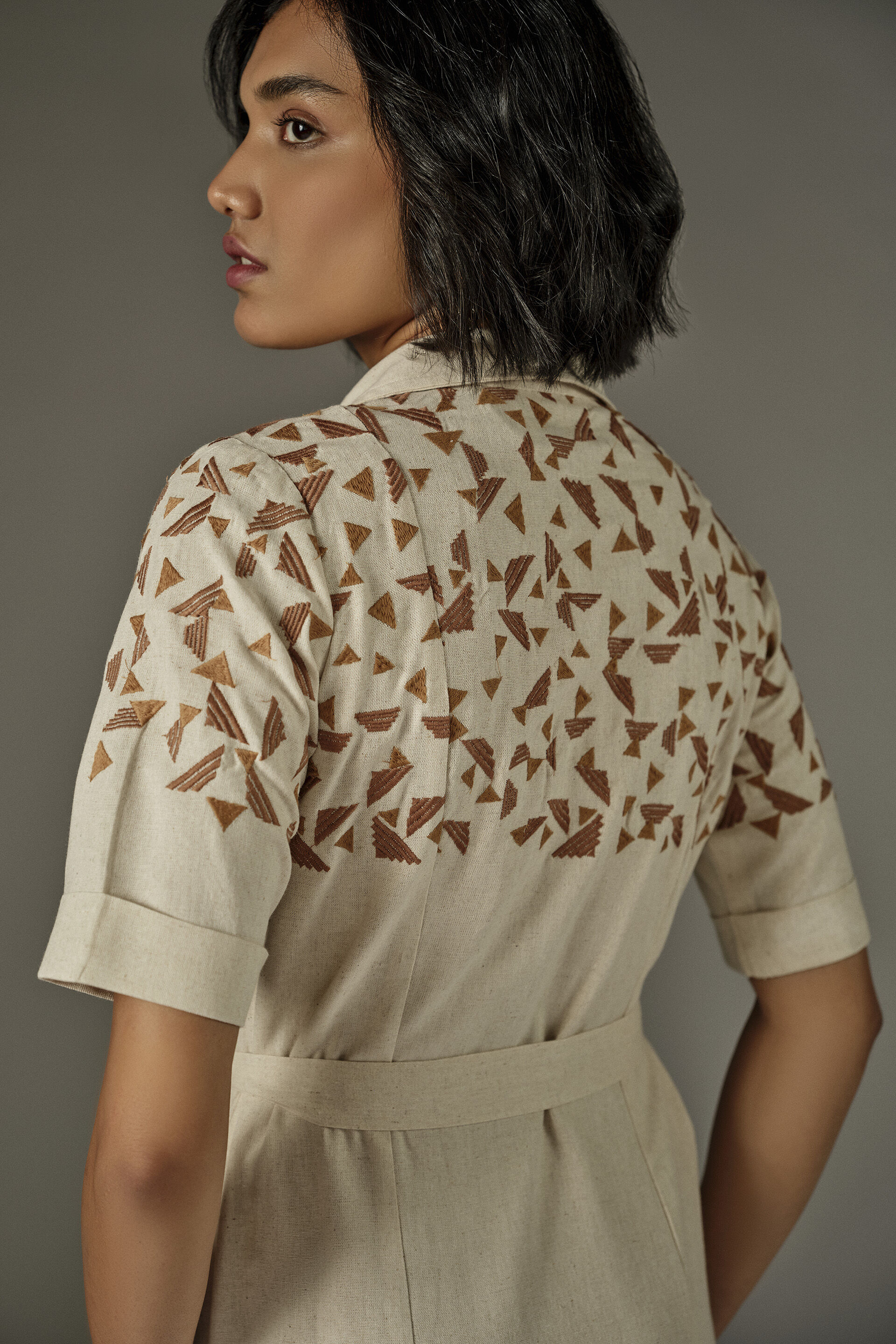 Geometric Embroidered Shirt Dress in Natural, Peach, image 5